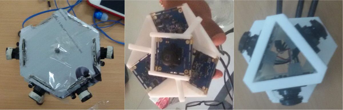 We iterated 6 camera, 4 camera, 3 camera designs in span of a month. Some were built out of cardboard, while some we 3D printed.
